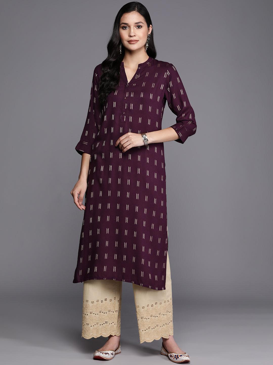 Purple Woven Design Rayon Straight Kurta - ShopLibas