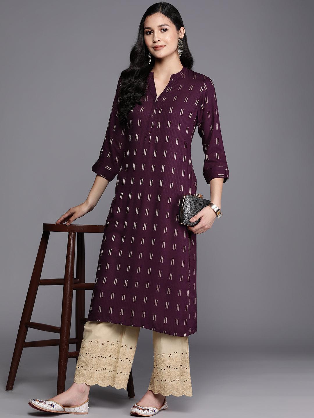 Purple Woven Design Rayon Straight Kurta - ShopLibas 
