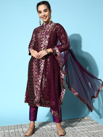 Purple Woven Design Silk Blend Straight Suit Set - ShopLibas