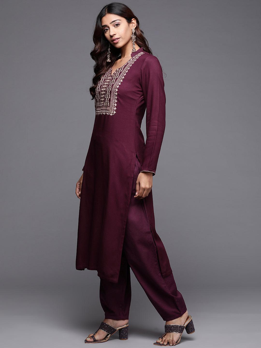 Purple Yoke Design Pashmina Wool Straight Kurta - Libas 