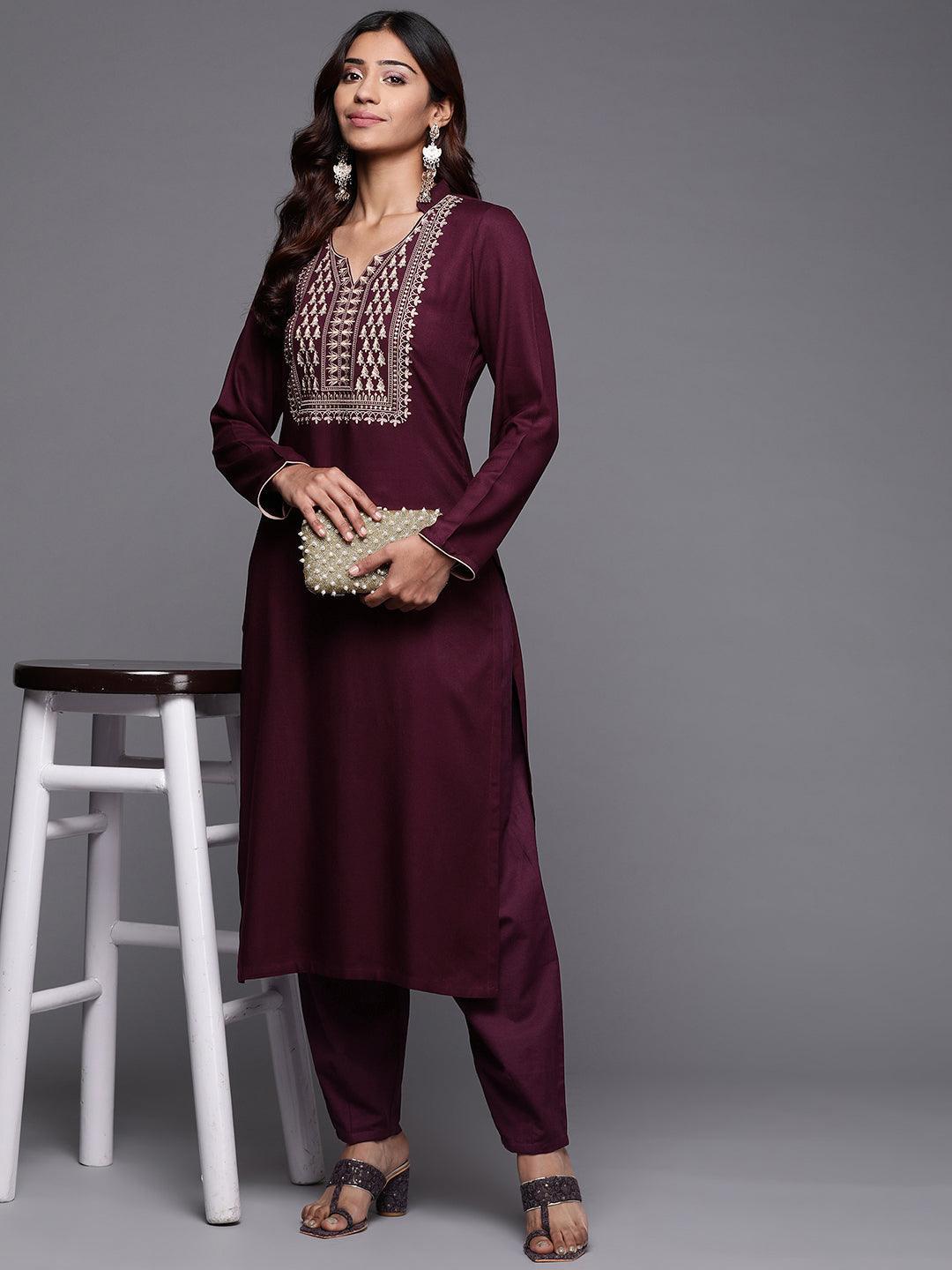 Purple Yoke Design Pashmina Wool Straight Kurta - Libas 