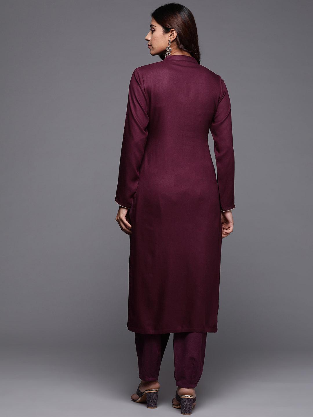 Purple Yoke Design Pashmina Wool Straight Kurta - Libas 