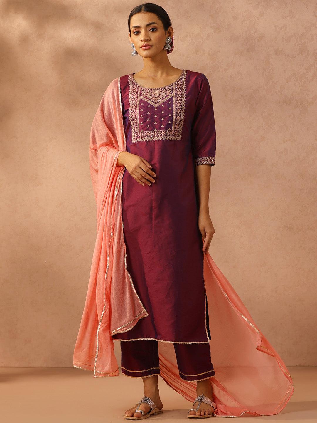 Purple Yoke Design Silk Blend Suit Set With Trousers - ShopLibas 