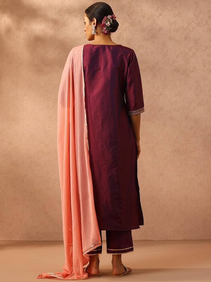 Purple Yoke Design Silk Blend Suit Set With Trousers