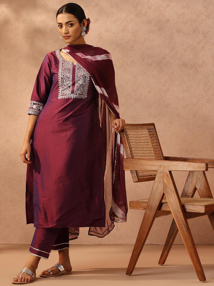 Purple Yoke Design Silk Blend Suit Set With Trousers