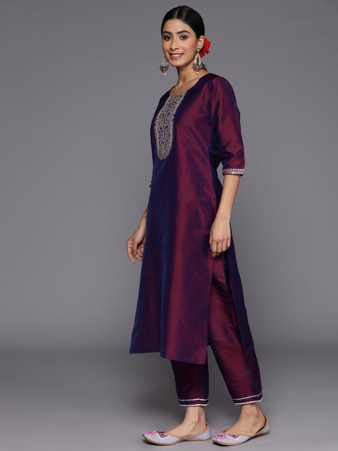 Purple Yoke Design Silk Blend Suit Set With Trousers - ShopLibas 