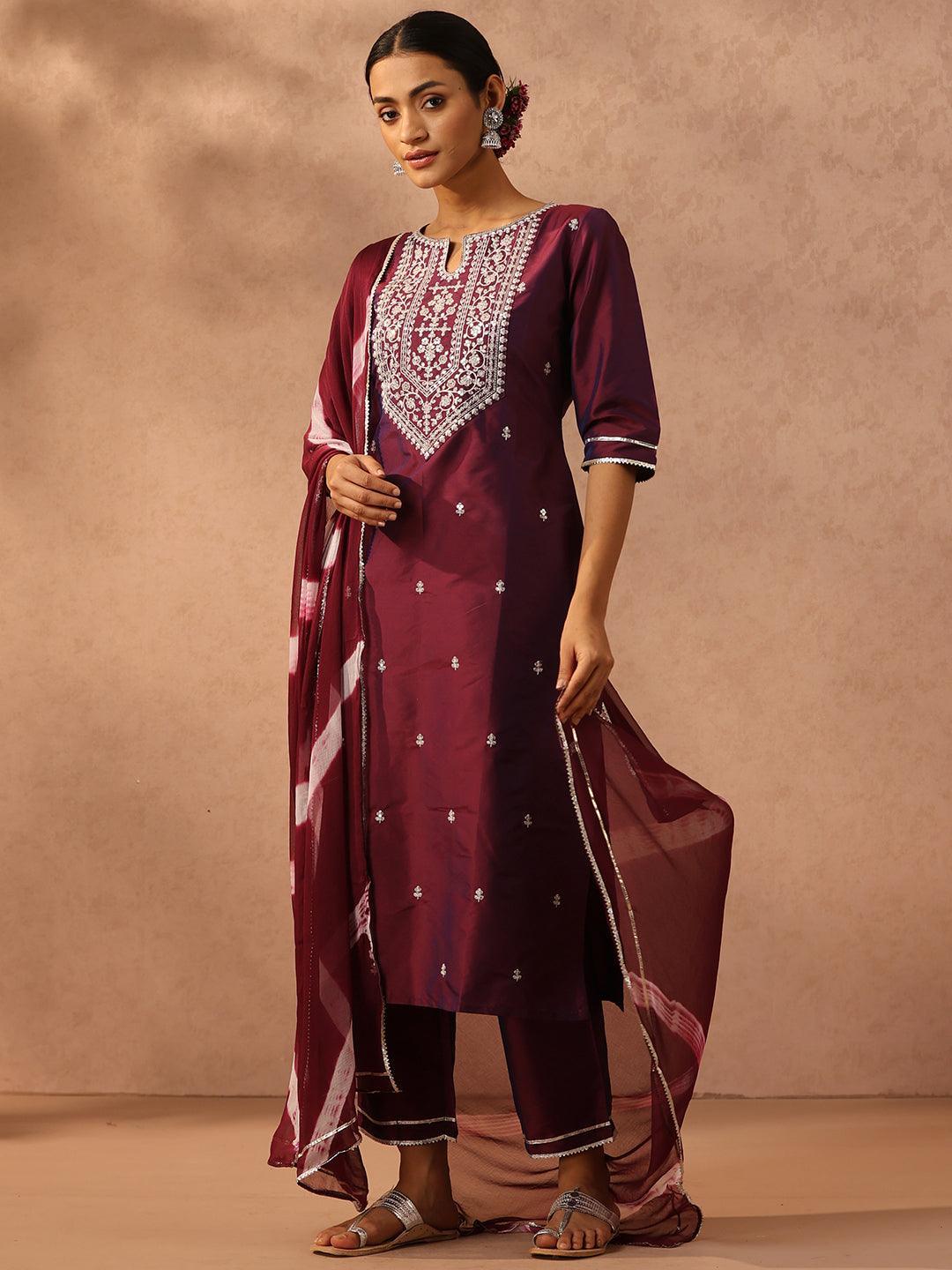 Purple Yoke Design Silk Blend Suit Set With Trousers - ShopLibas 