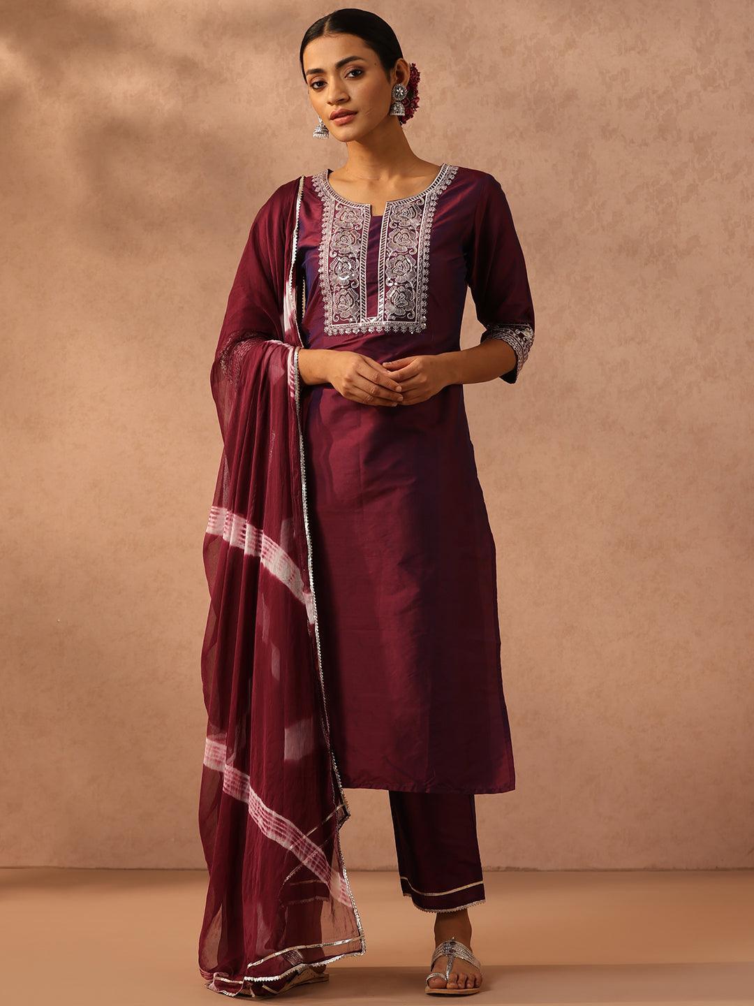 Purple Yoke Design Silk Blend Suit Set With Trousers - ShopLibas 
