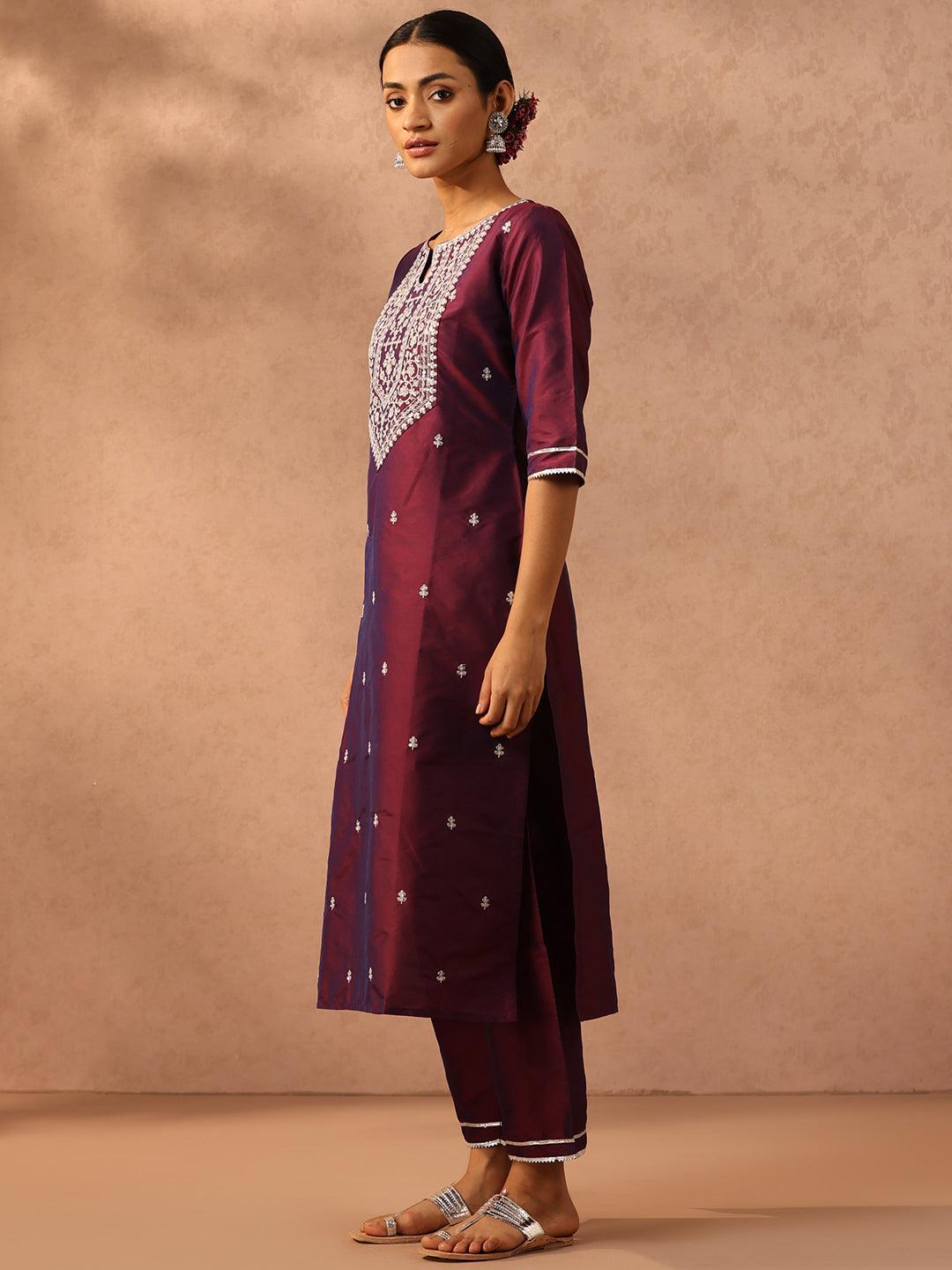 Purple Yoke Design Silk Blend Suit Set With Trousers - ShopLibas 