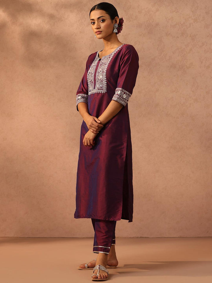 Purple Yoke Design Silk Blend Suit Set With Trousers