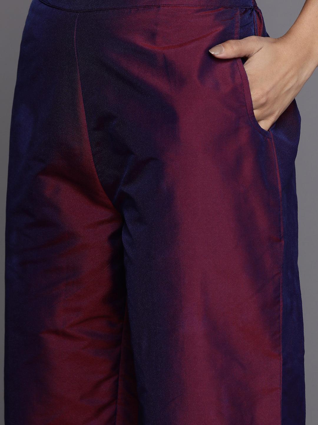 Purple Yoke Design Silk Blend Suit Set With Trousers - ShopLibas 