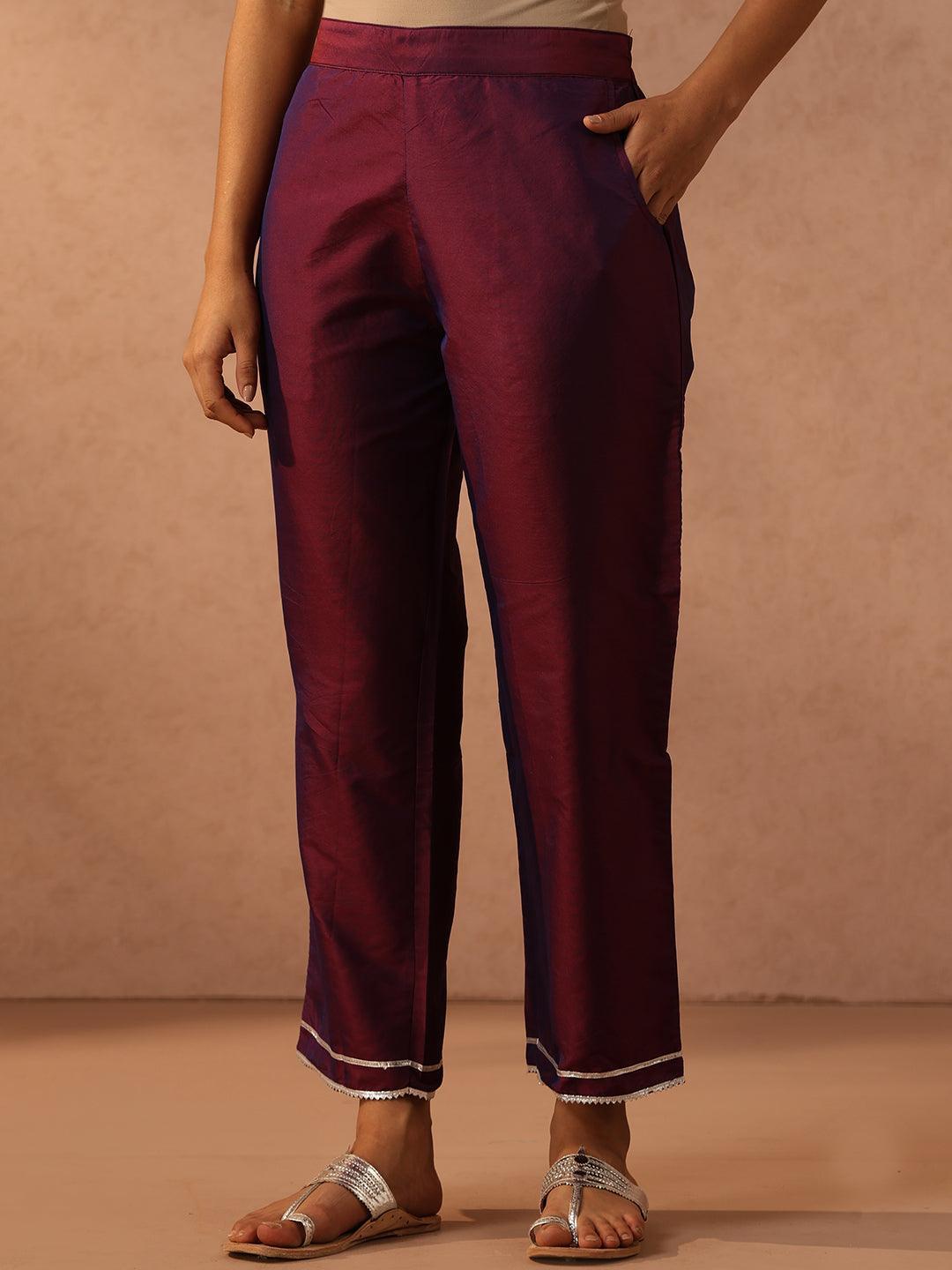 Purple Yoke Design Silk Blend Suit Set With Trousers - ShopLibas 
