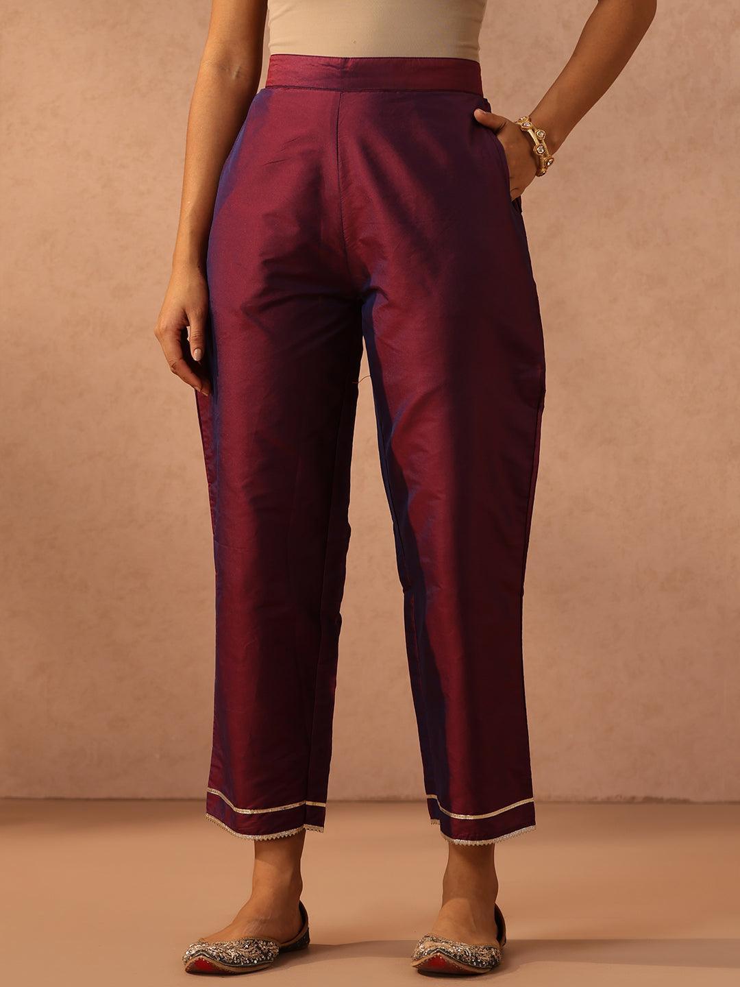 Purple Yoke Design Silk Blend Suit Set With Trousers - ShopLibas 