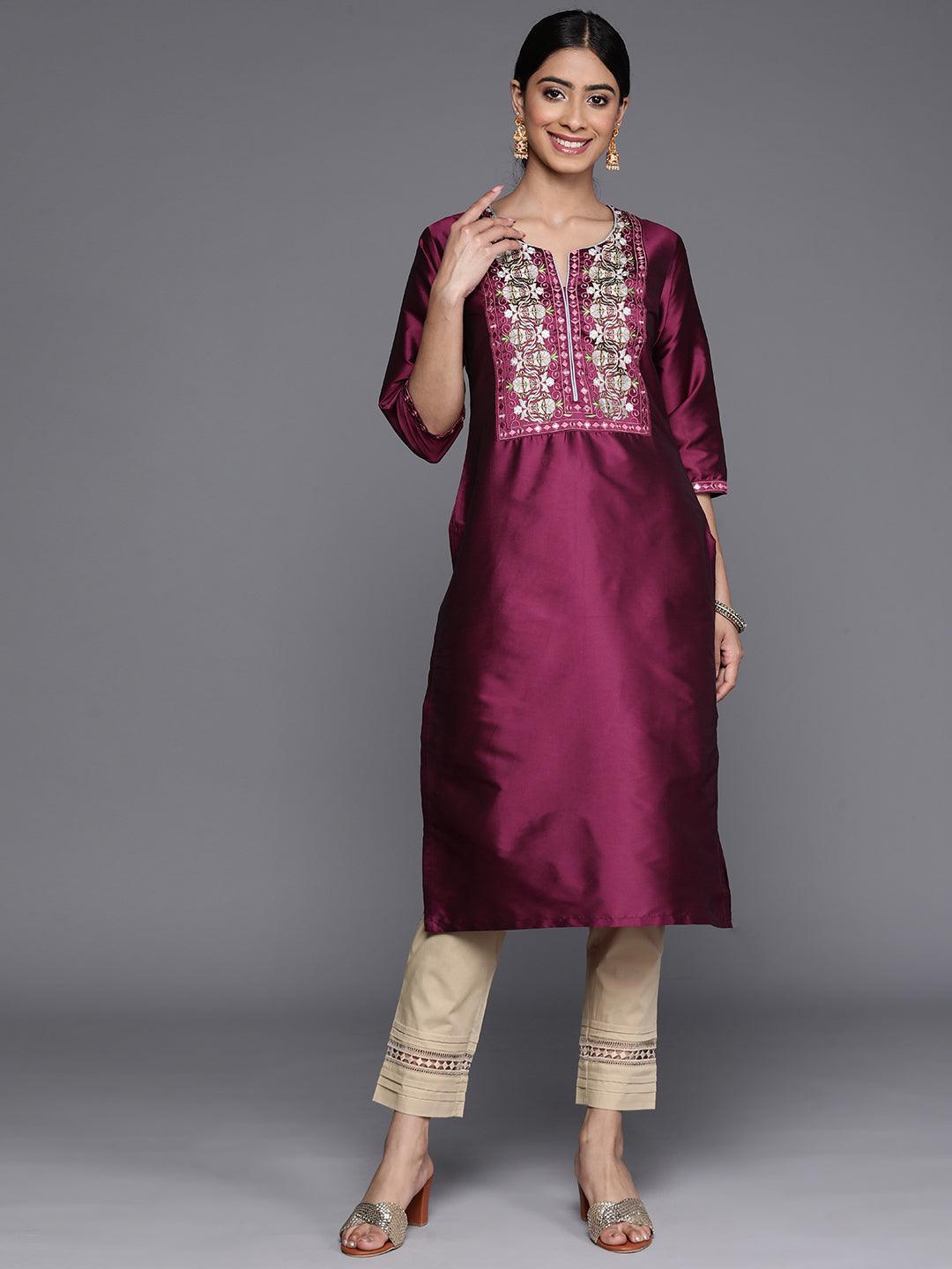 Purple Yoke Design Silk Straight Kurta - ShopLibas