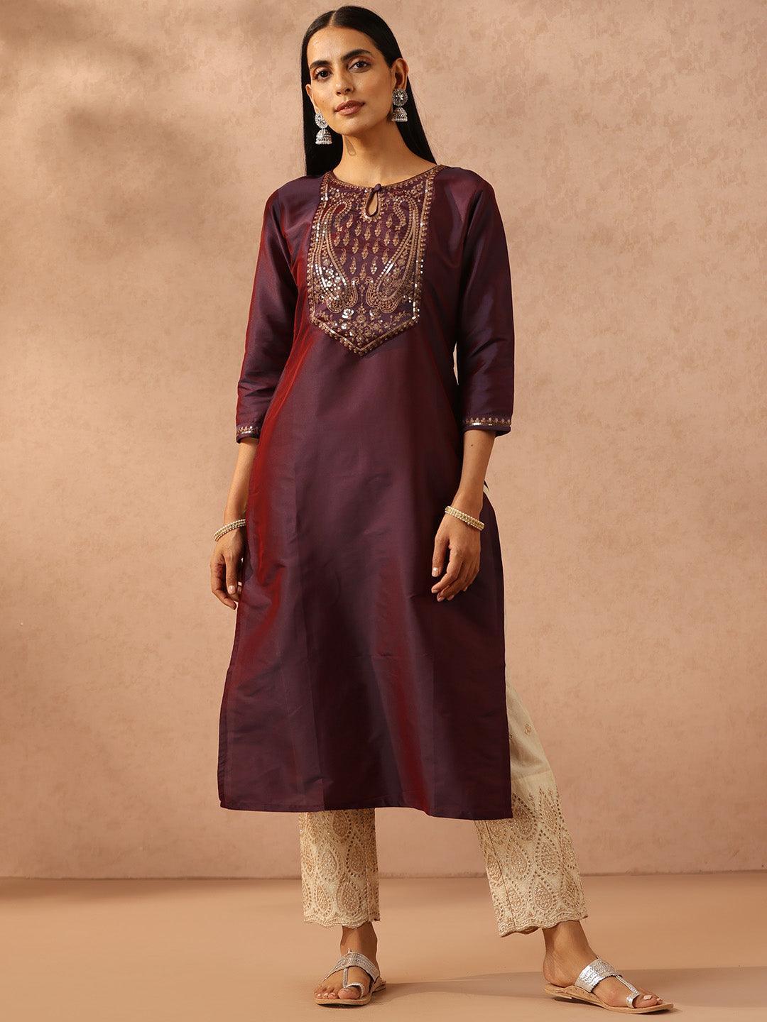 Purple Yoke Design Silk Straight Kurta - ShopLibas