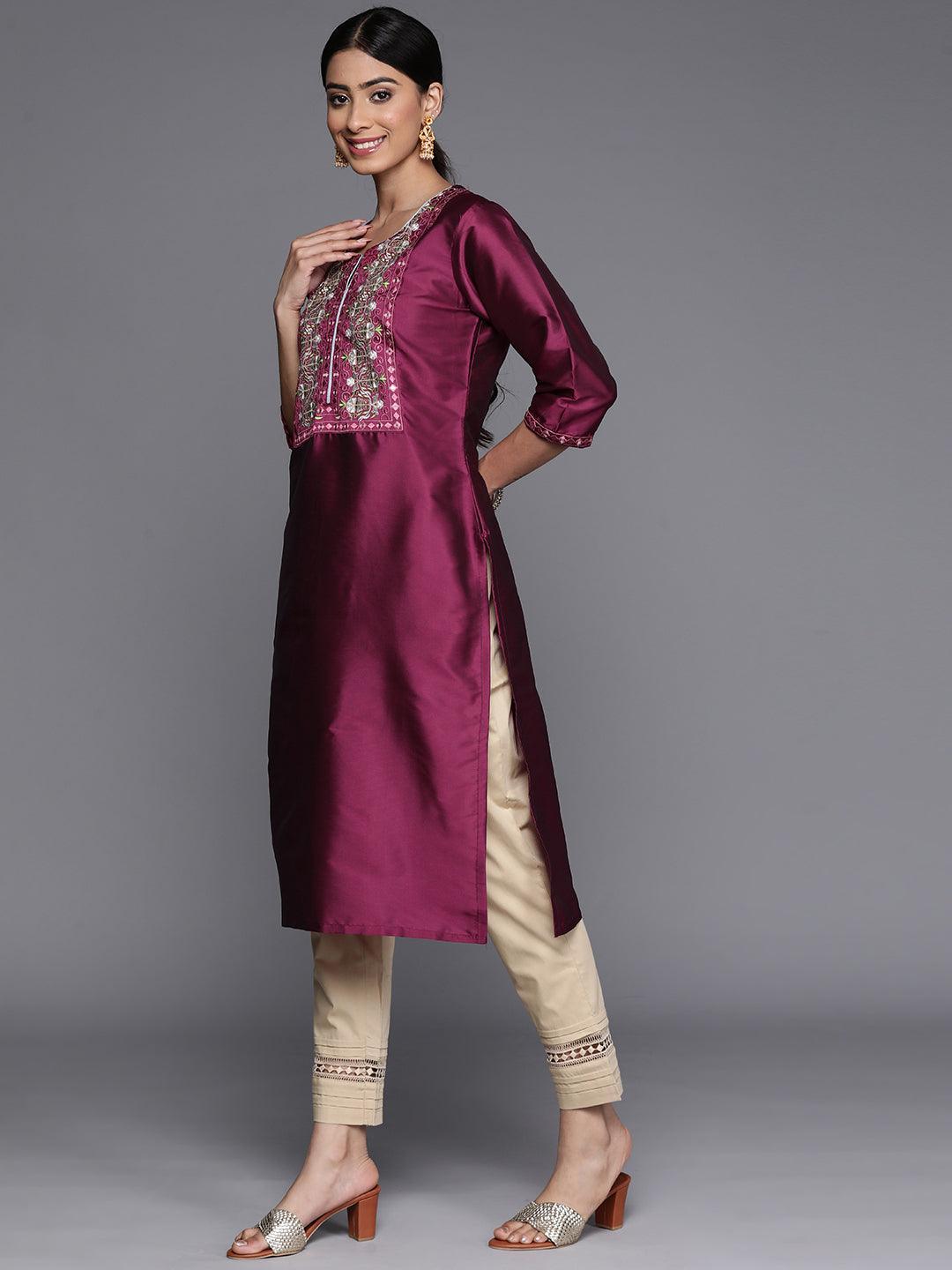 Purple Yoke Design Silk Straight Kurta - ShopLibas 