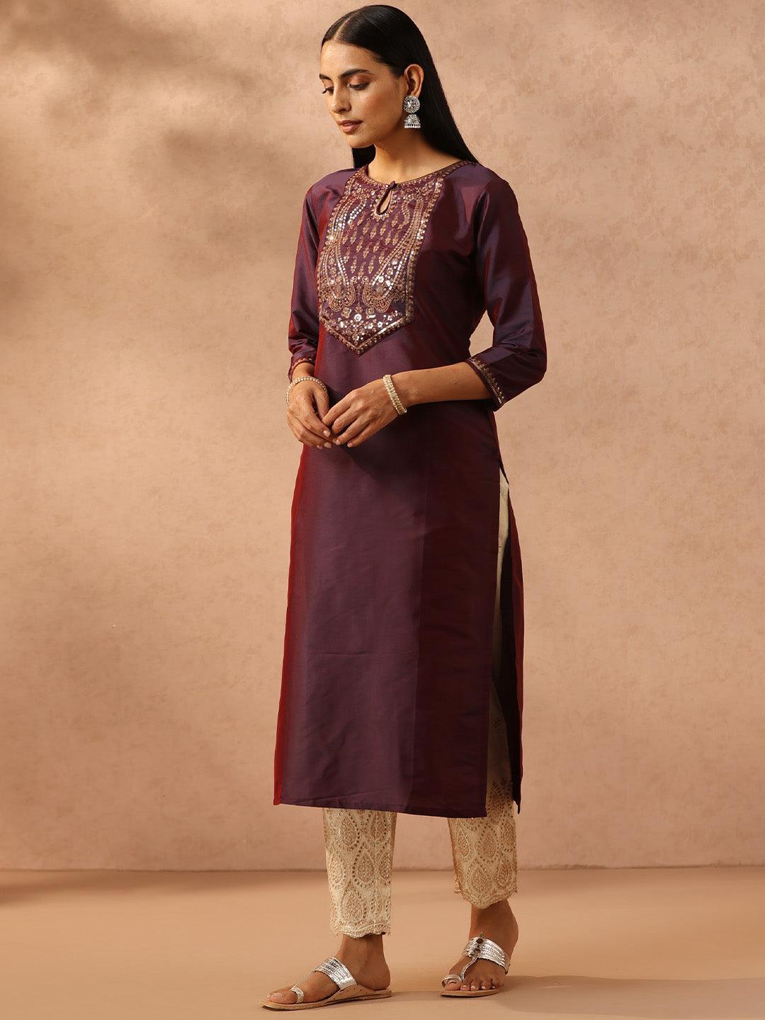 Purple Yoke Design Silk Straight Kurta - ShopLibas 