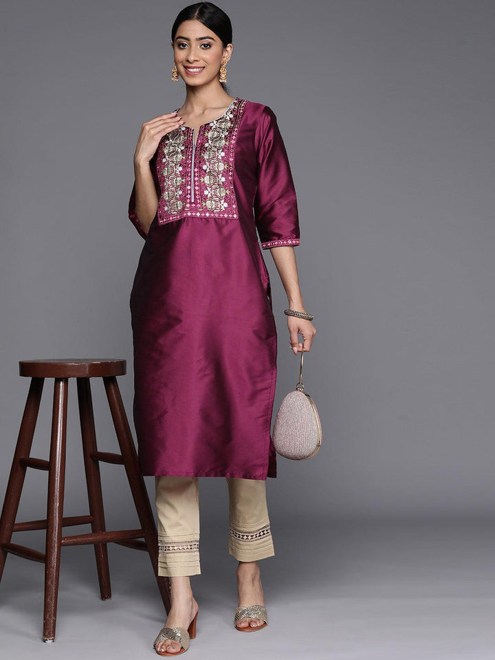 Purple Yoke Design Silk Straight Kurta
