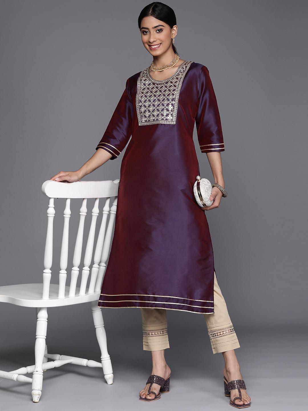 Purple Yoke Design Silk Straight Kurta - Libas 