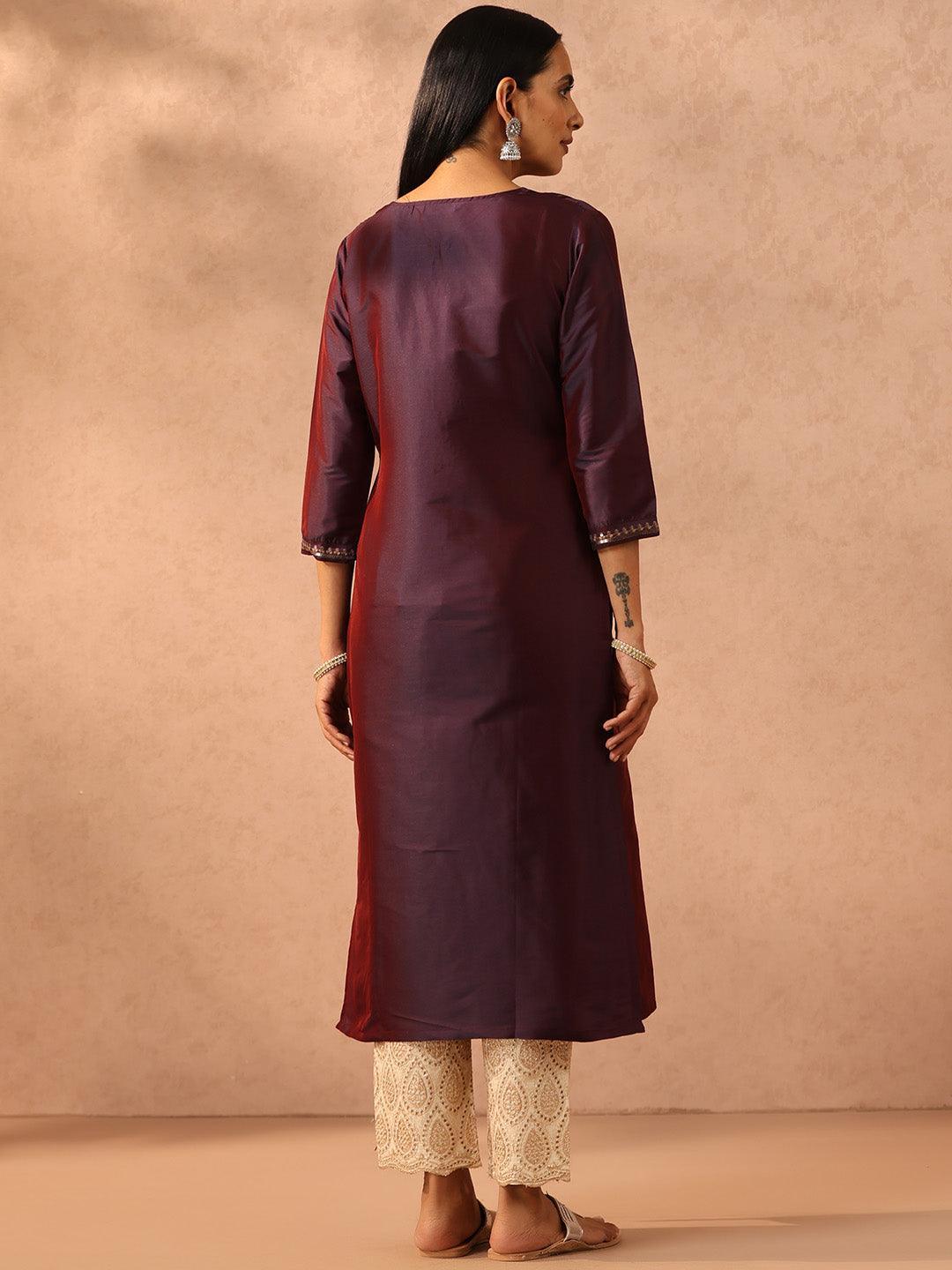 Purple Yoke Design Silk Straight Kurta - ShopLibas 