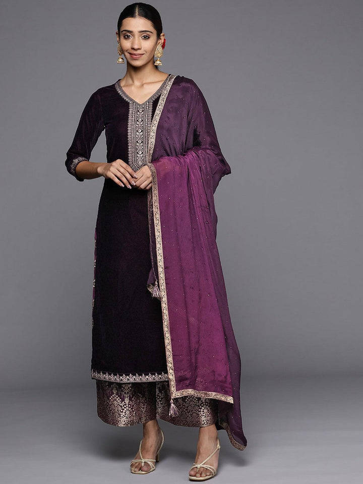 Purple Yoke Design Velvet Straight Suit Set - ShopLibas