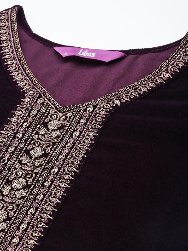 Purple Yoke Design Velvet Straight Suit Set - ShopLibas