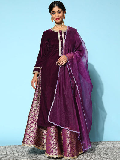 Purple Yoke Design Velvet Straight Suit Set - ShopLibas