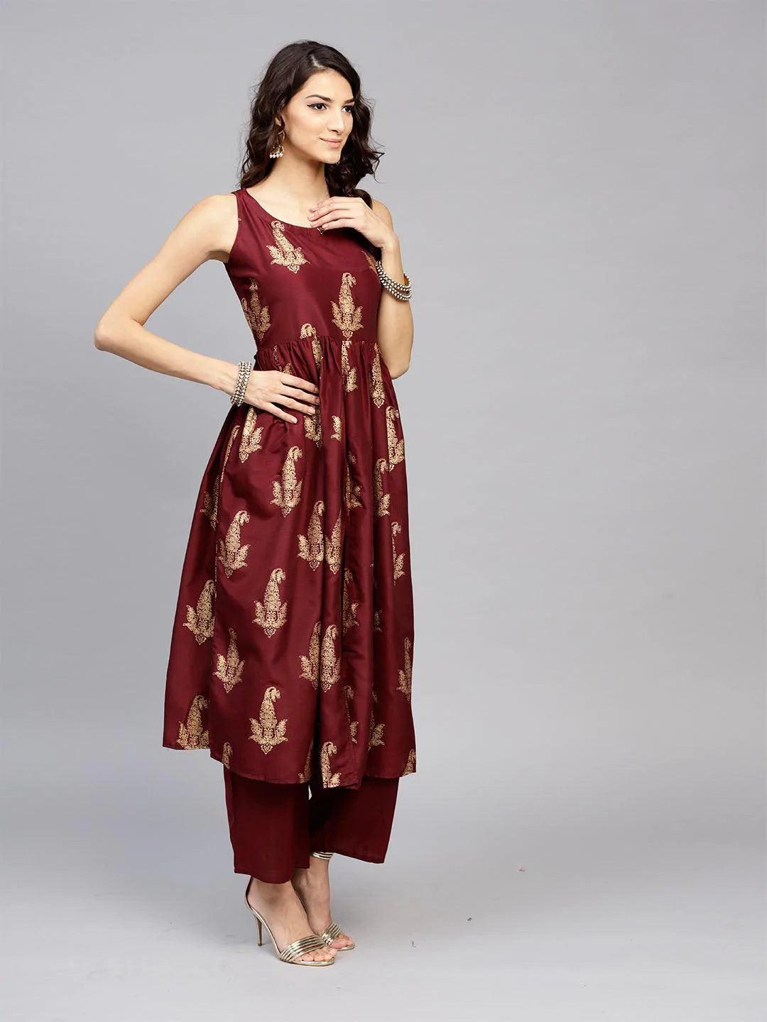 Maroon Printed Muslin Kurta Set - ShopLibas 