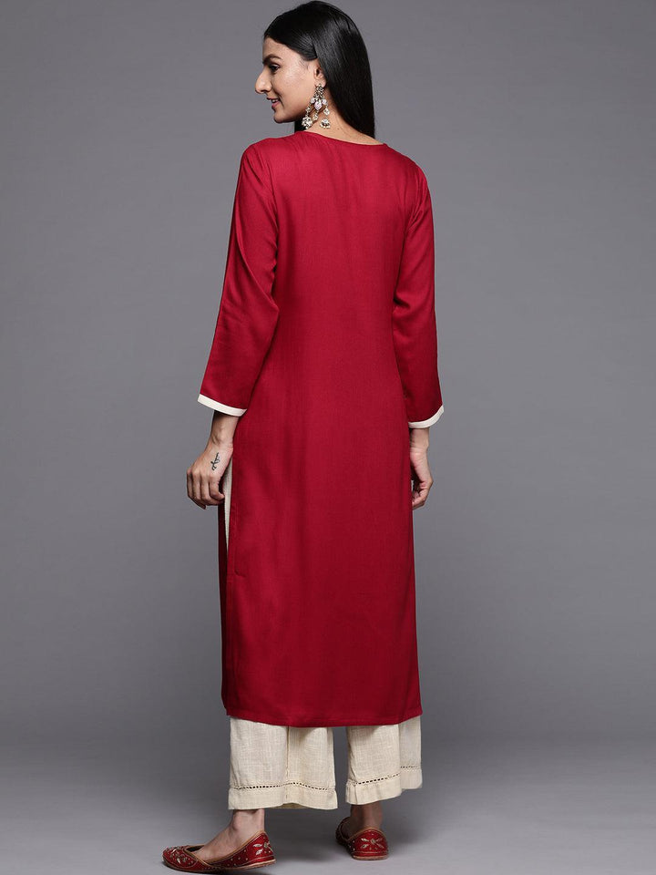 Red Embroidered Pashmina Wool Straight Kurta - Libas