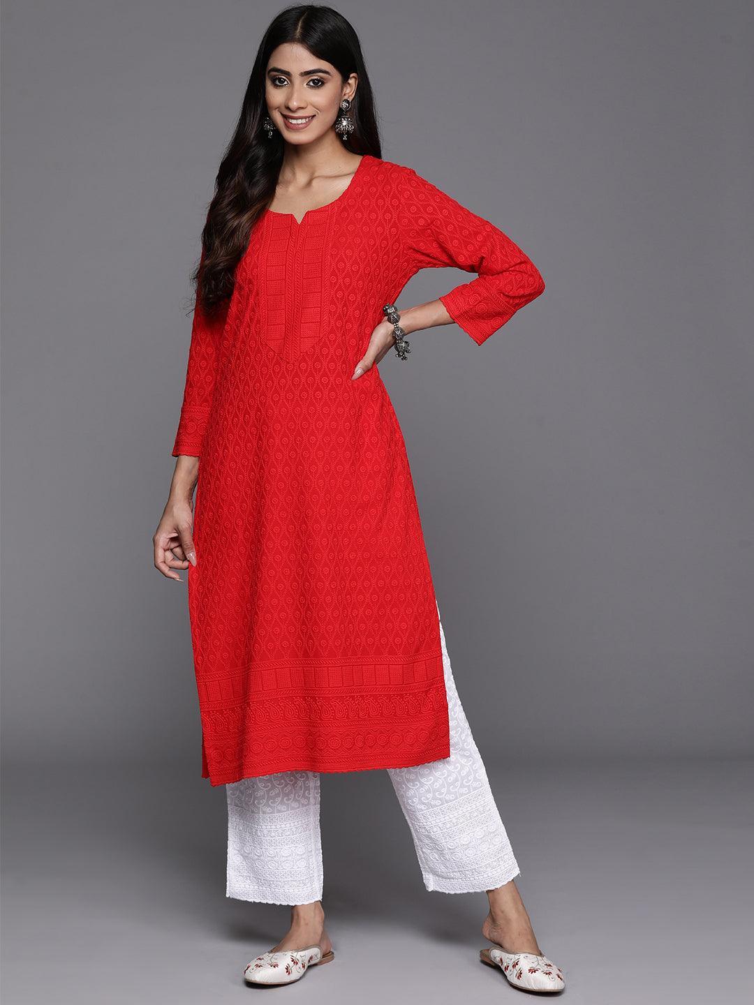 Red Embroidered Rayon Straight Kurta - Libas