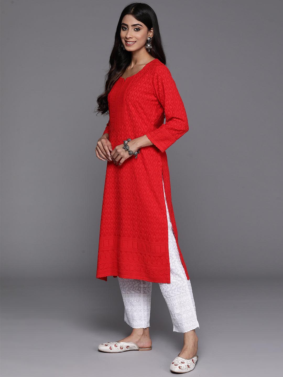 Red Embroidered Rayon Straight Kurta - Libas 