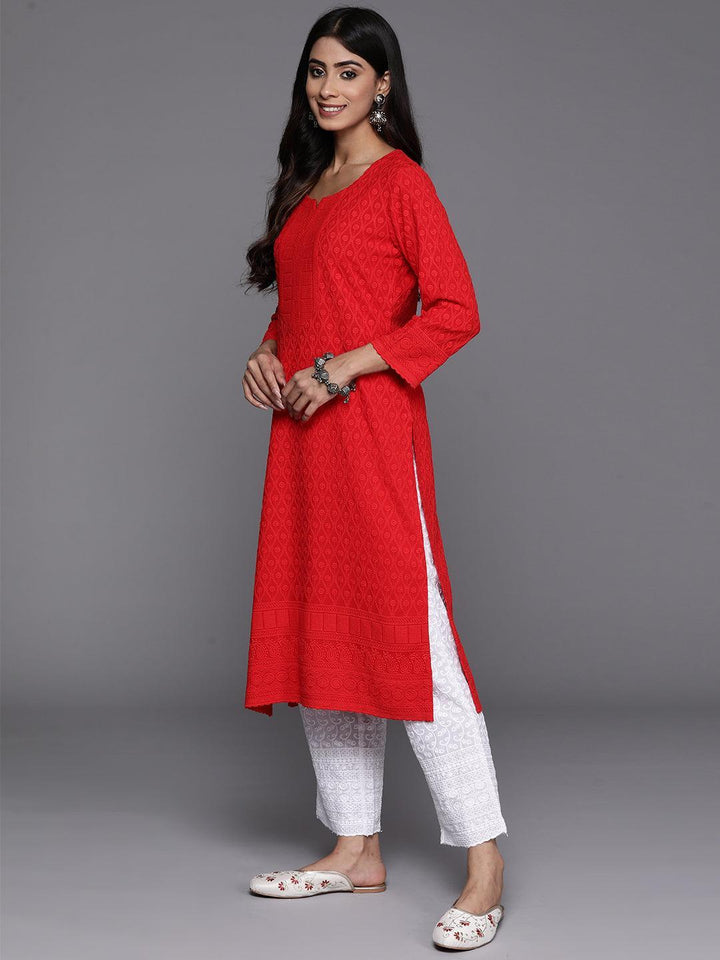 Red Embroidered Rayon Straight Kurta