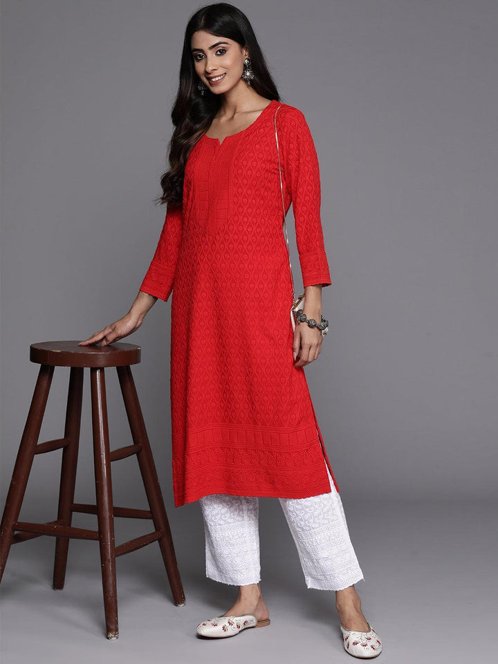 Red Embroidered Rayon Straight Kurta