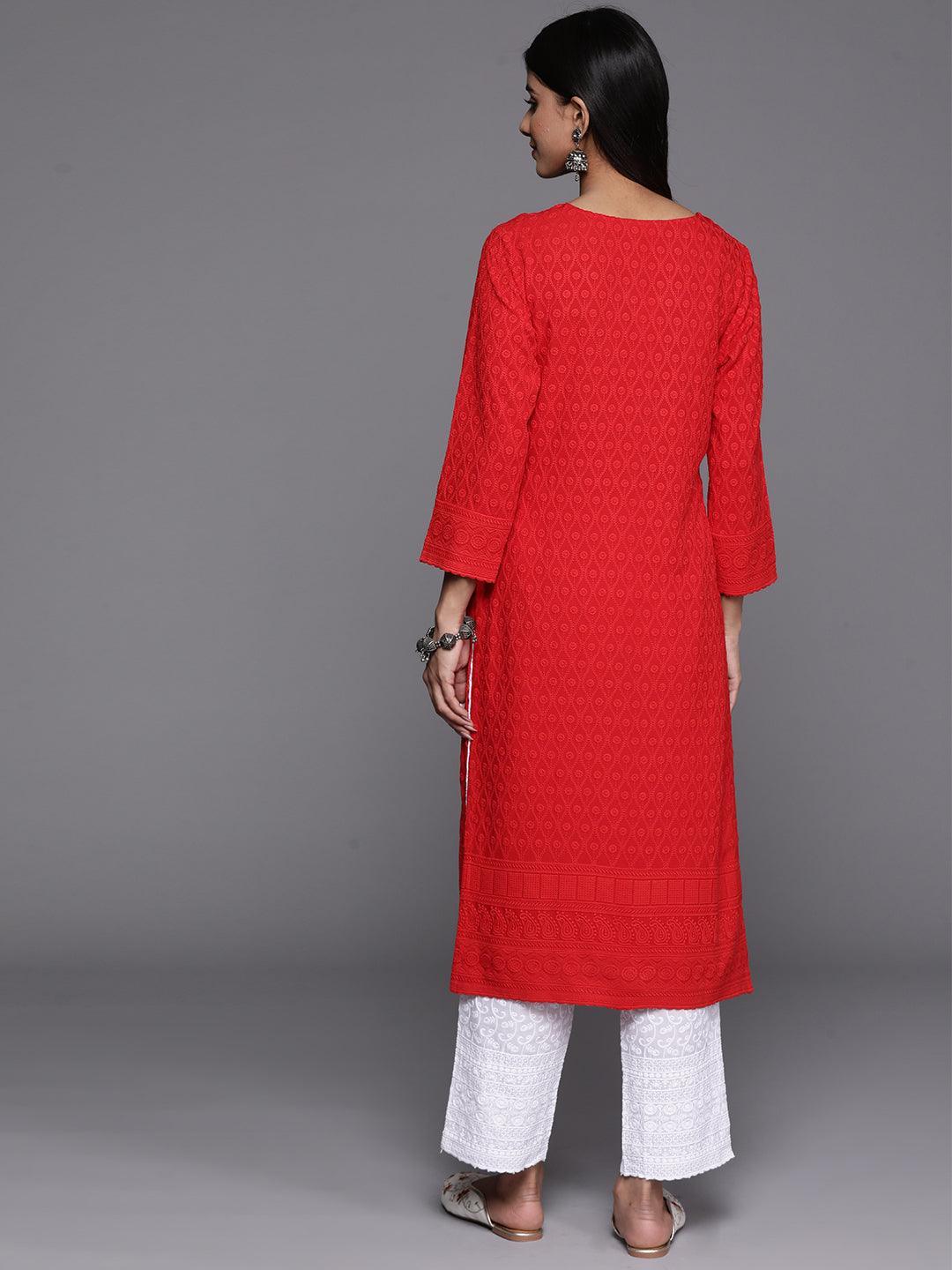 Red Embroidered Rayon Straight Kurta - Libas 