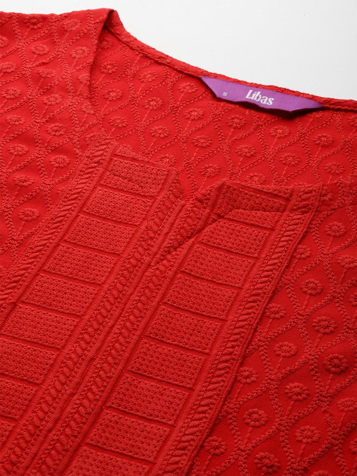 Red Embroidered Rayon Straight Kurta