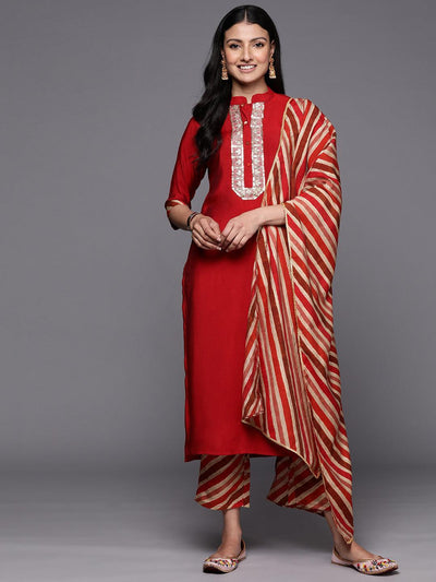 Red Embroidered Silk Blend Straight Suit Set With Trousers - ShopLibas