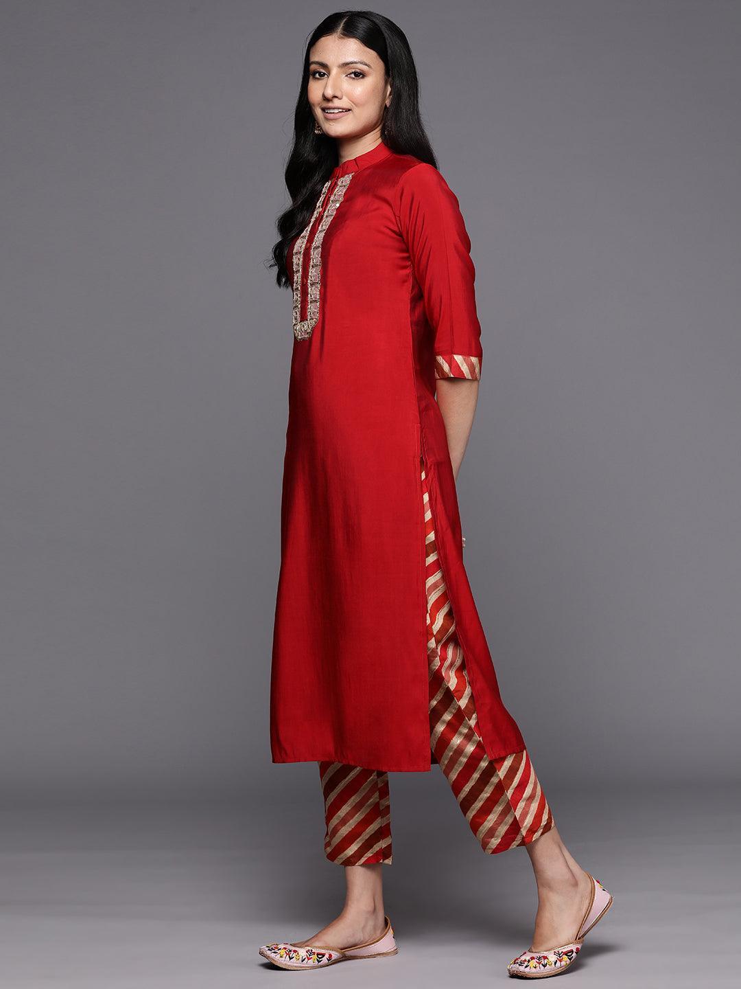 Red Embroidered Silk Blend Straight Suit Set With Trousers - ShopLibas