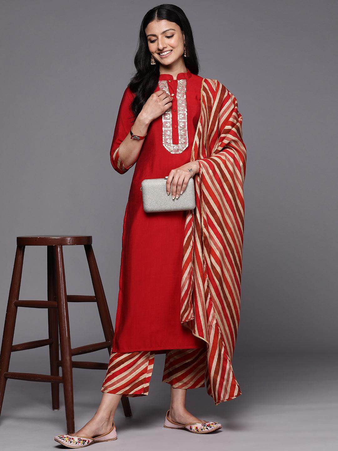 Red Embroidered Silk Blend Straight Suit Set With Trousers - ShopLibas