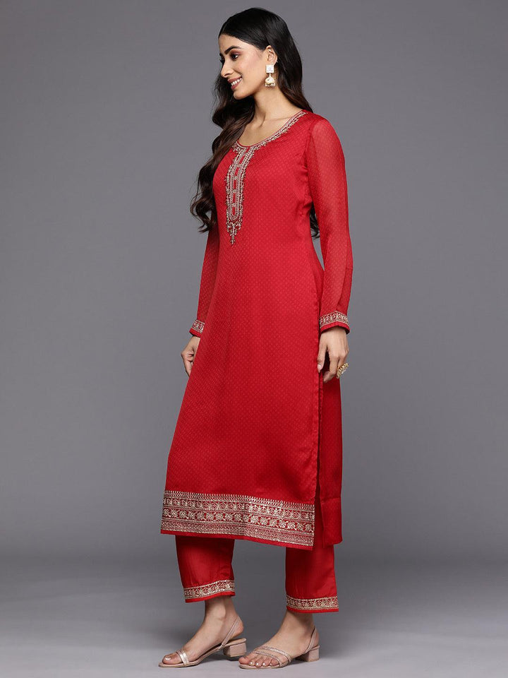 Red Printed Chiffon Straight Suit Set With Trousers