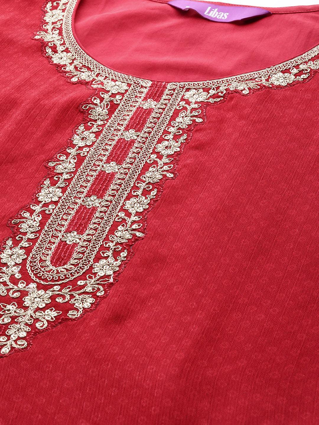 Red Printed Chiffon Straight Suit Set With Trousers - ShopLibas 