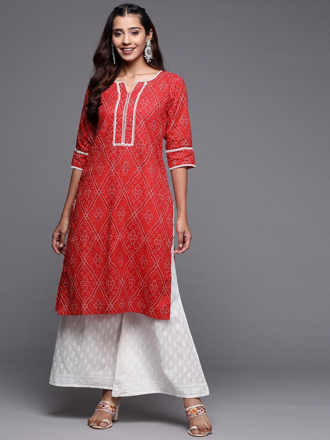 Red Printed Cotton Straight Kurta - Libas