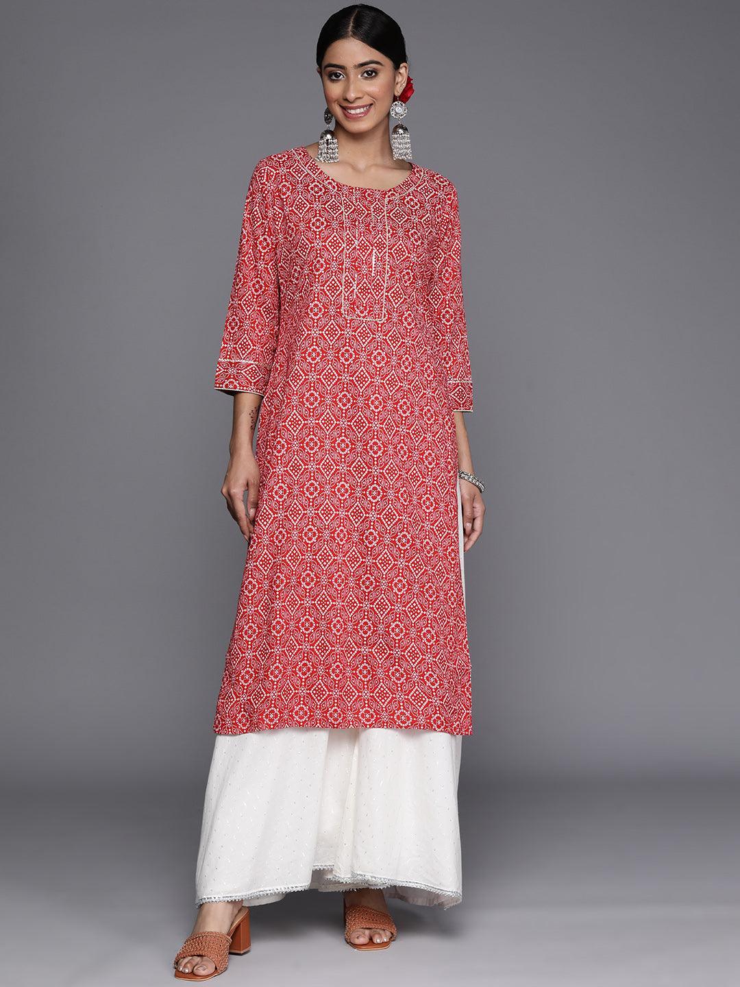 Red Printed Cotton Straight Kurta - ShopLibas