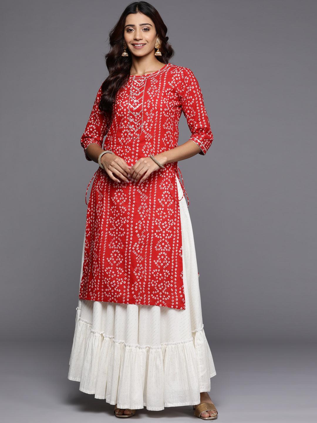 Red Printed Cotton Straight Kurta - ShopLibas
