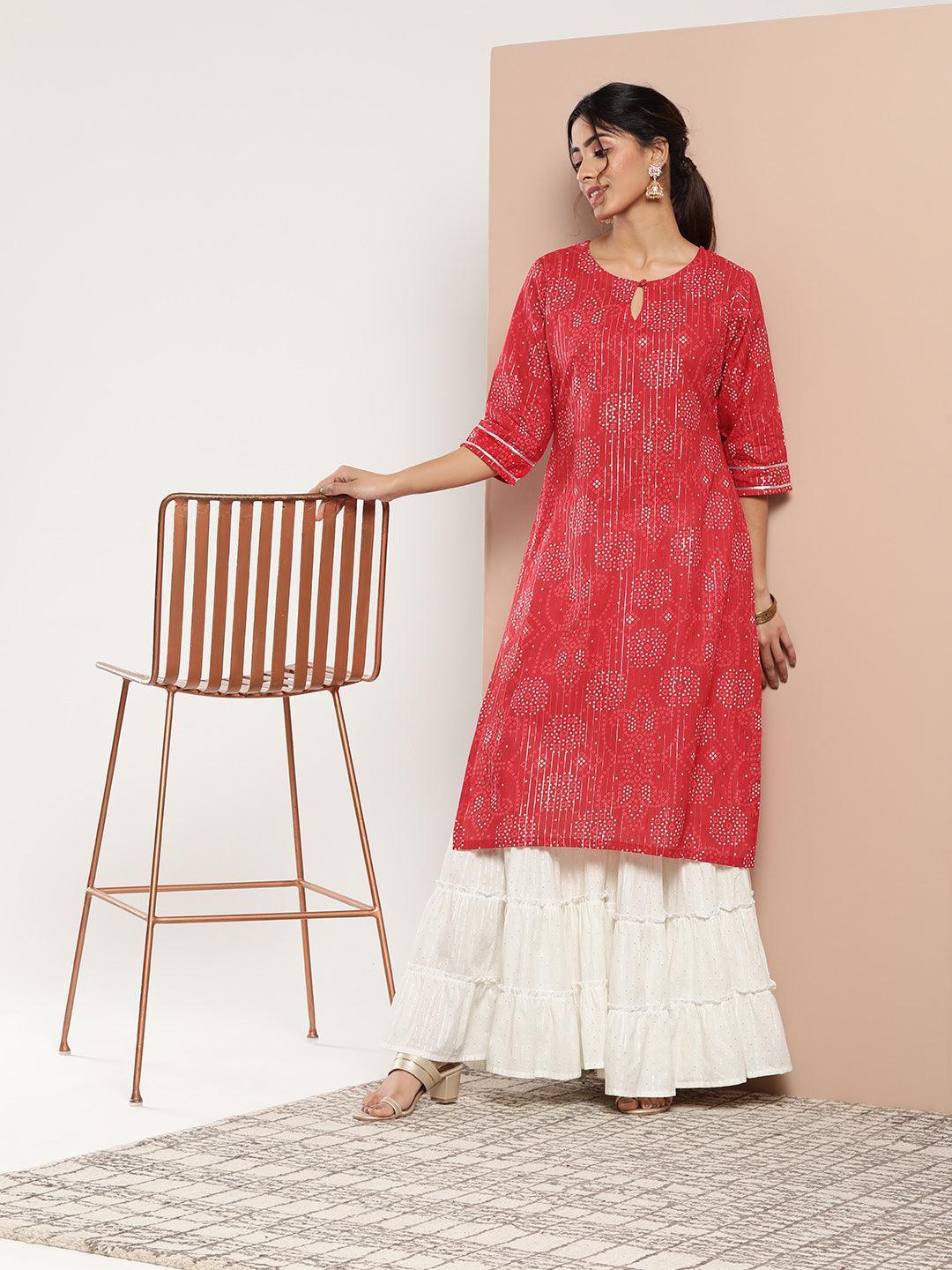 Red Printed Cotton Straight Kurta - ShopLibas
