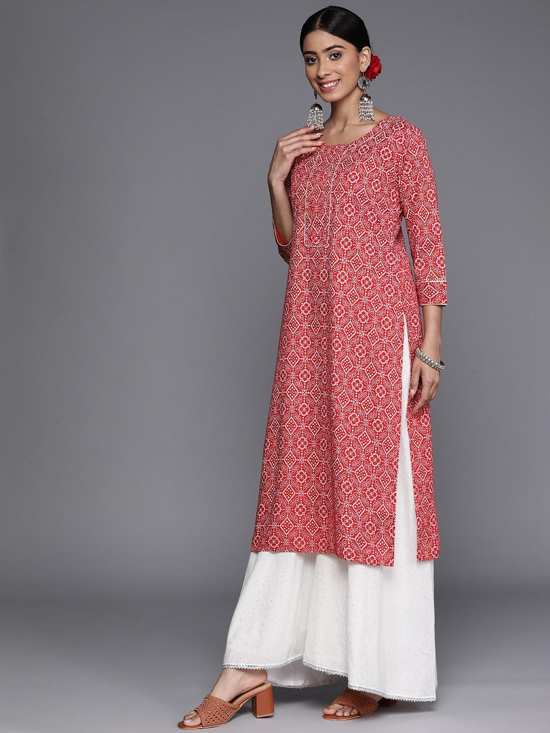 Red Printed Cotton Straight Kurta - ShopLibas 