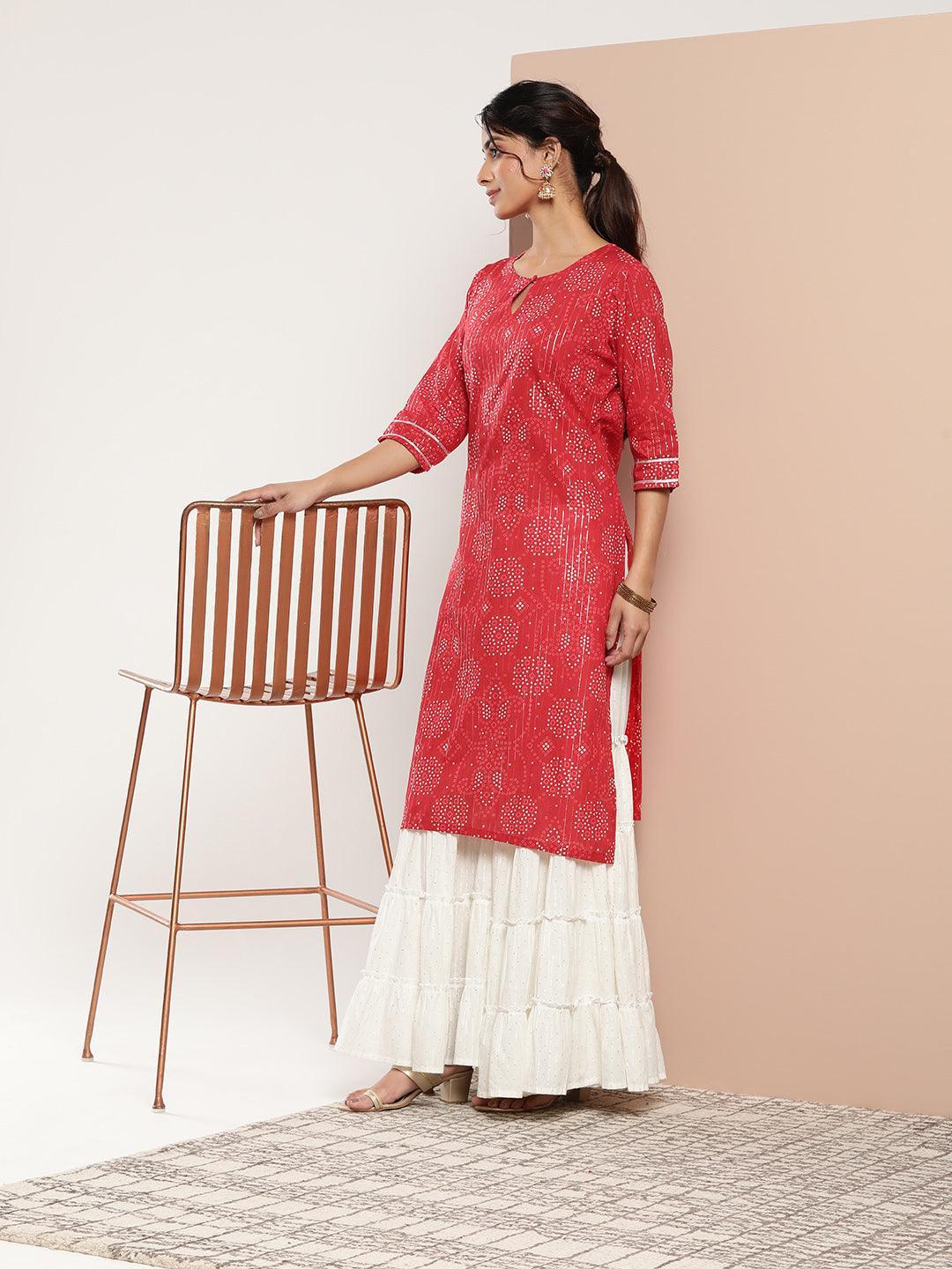 Red Printed Cotton Straight Kurta - ShopLibas 