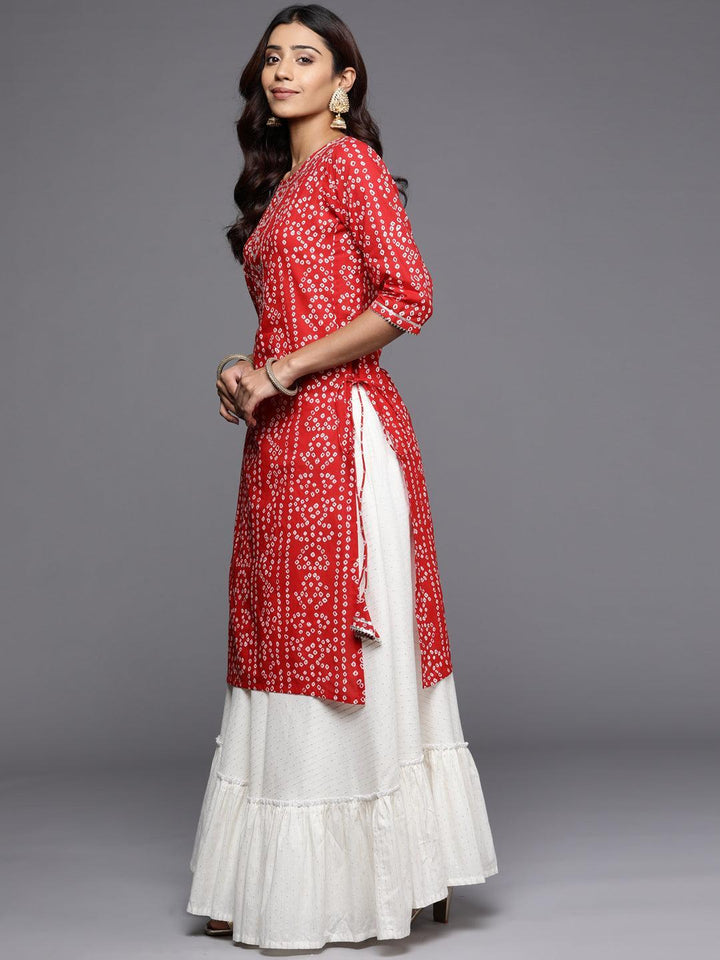 Red Printed Cotton Straight Kurta - ShopLibas