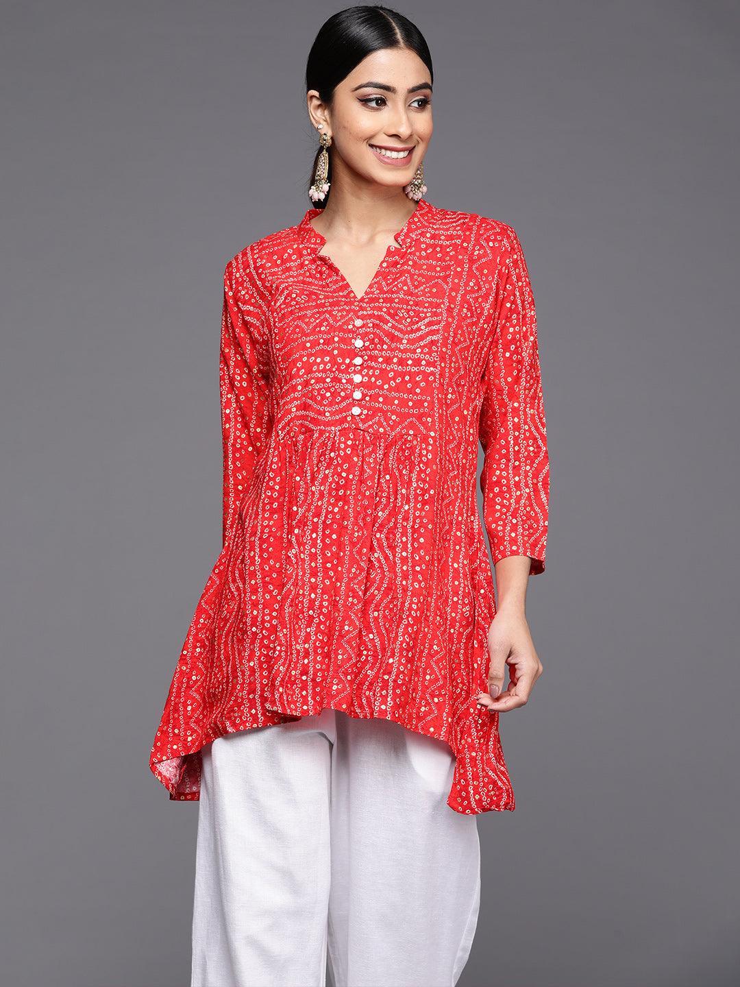 Red Printed Rayon A-Line Kurti - ShopLibas