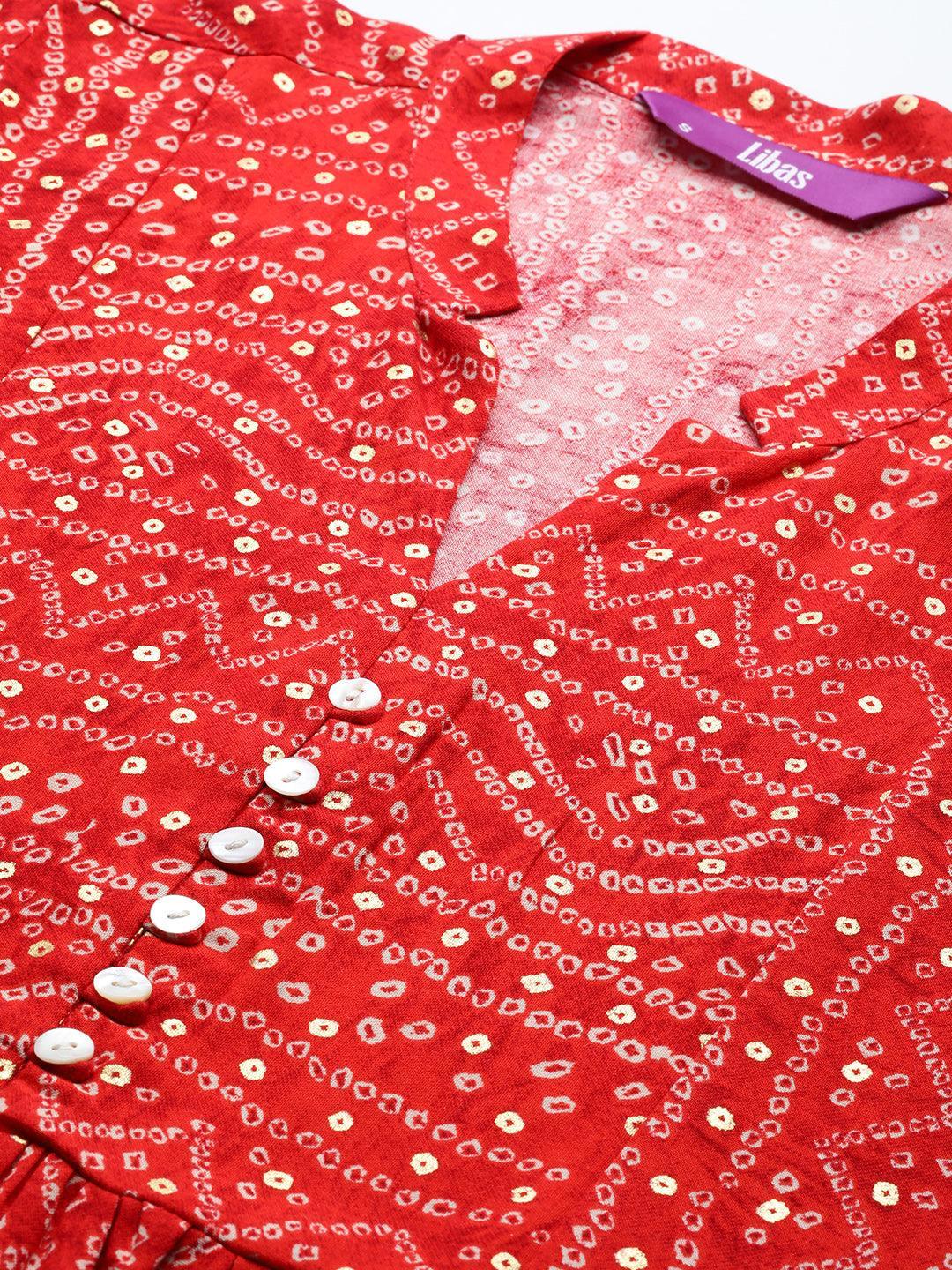 Red Printed Rayon A-Line Kurti - ShopLibas