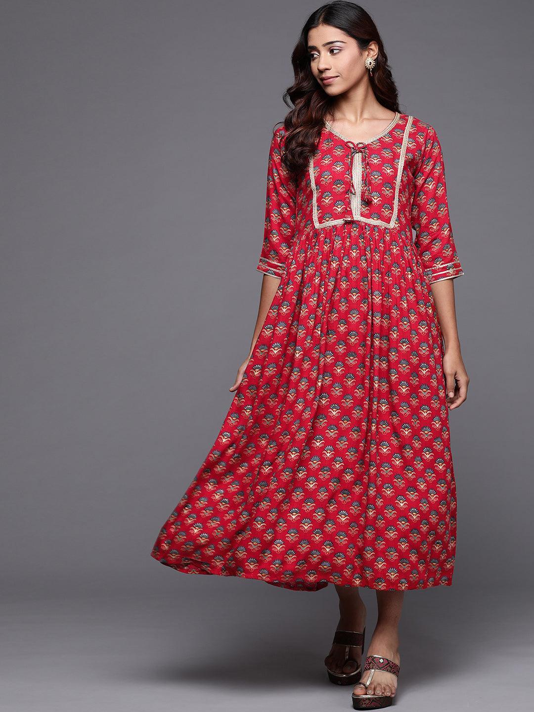 Red Printed Rayon Fit and Flare Dress - Libas